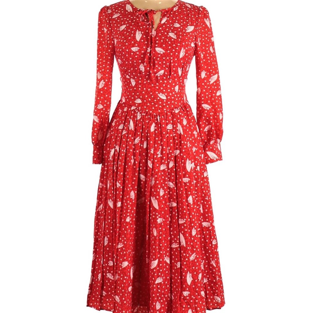 Vintage Style 80s Does 50s Dress Shirtwaist Red Polka Dot Zip Back Puff Sleeve - Picture 1 of 12